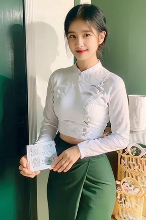 there is a woman standing in a green skirt and white shirt, nivanh chanthara, wearing traditional garb, traditional dress, wearing headmistress uniform, traditional clothes, wearing authentic attire, in style of lam manh, white shirt and green skirt, nuttavut baiphowongse, student, 30 years old woman