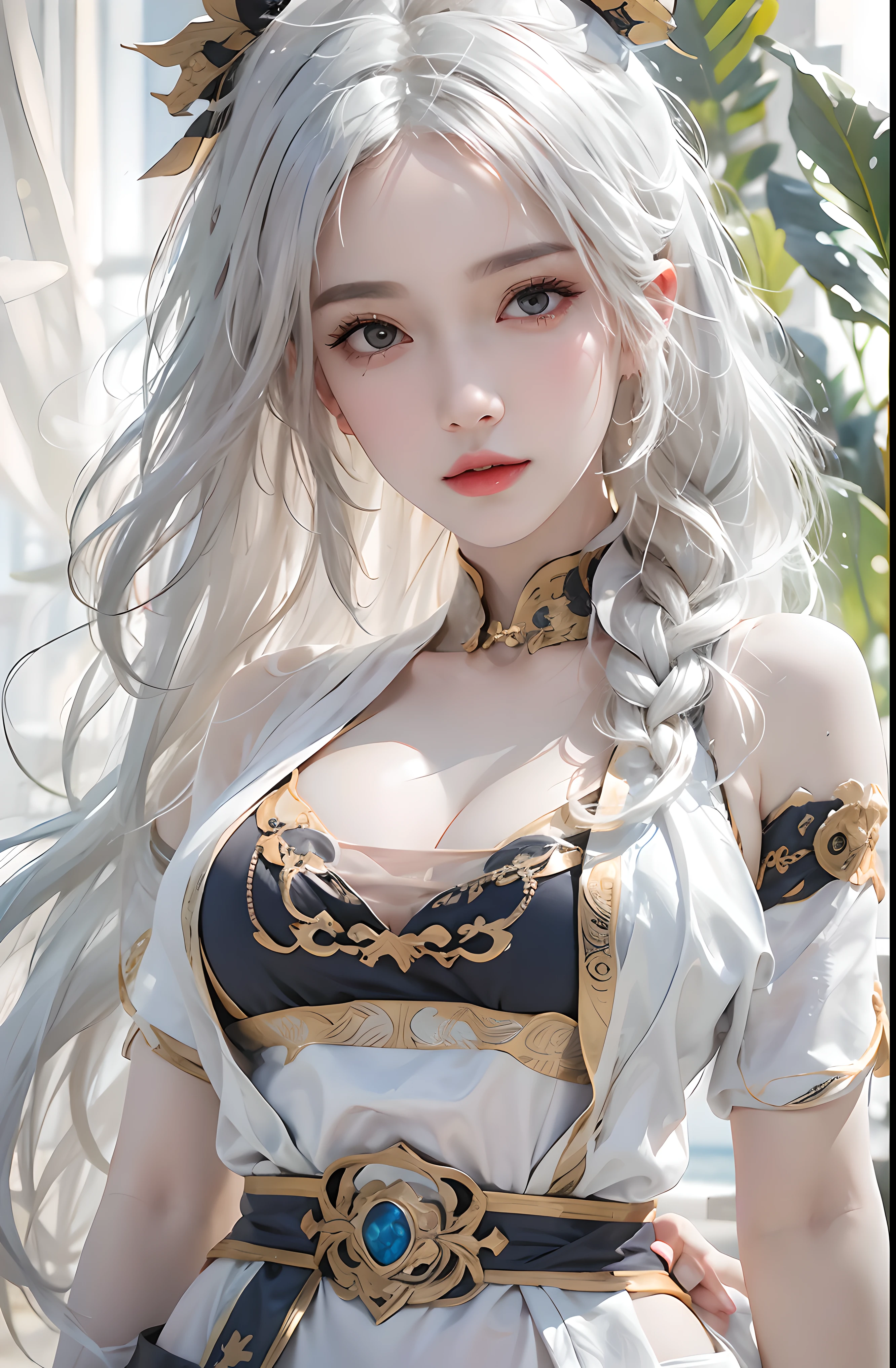 photorealistic, high resolution, 1women, solo, hips up, look at viewer, (detailed face), white hair, long hair, medium breasts, Taoist