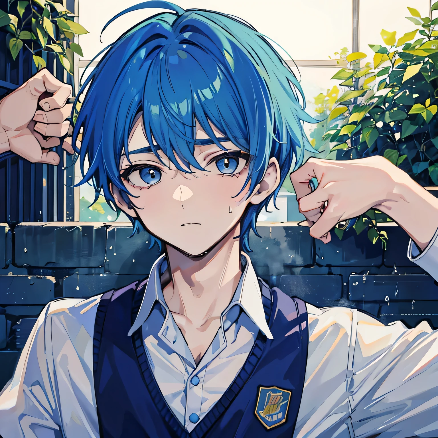 17-year-old boy with blue hair, handsome and preppy, sweating coldly