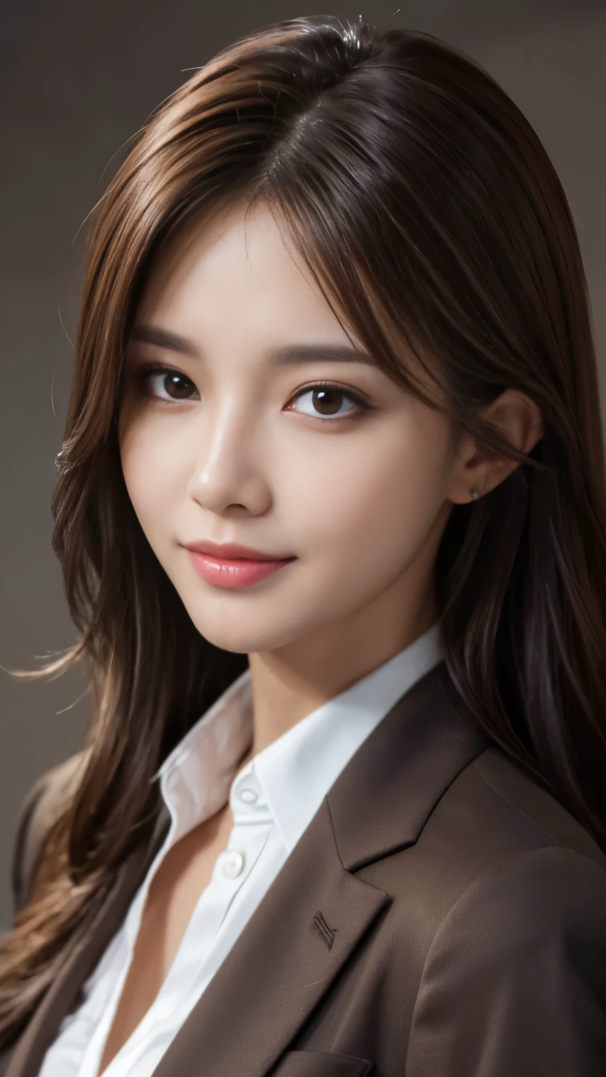 table top, highest quality, realistic, Super detailed, finely, High resolution, 8k wallpaper, 1 beautiful woman,, light brown messy hair, wearing a business suit, sharp focus, perfect dynamic composition, detailed and beautiful eyes, fine hair, Detailed and realistic skin texture, smile, close-up portrait, model body shape