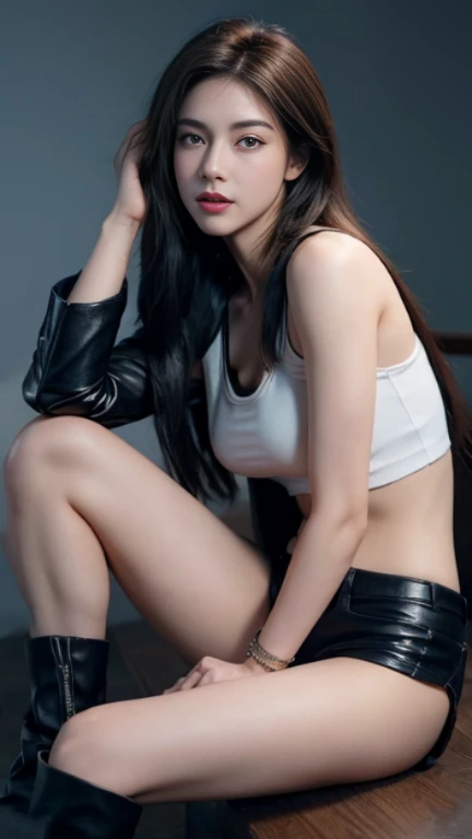 ((realistic:1.5)),((best quality)), ((Masterpiece)),((details)), (1 girl), 30-year-old beautiful girl (half body:1.5), Tightening muscles, big thighs, Narrow hips,small breasts, (details face, beautiful brown eyes, clear background:1.5), (dynamic gesture'Sit with your legs open in a V shape..;Tighten and lift your right leg..), (Normal skin, long hair, Sketched eyes, specified face, bracelet, half body), Wear low-rise micro jean shorts., (Short black leather jacket, revealing breasts, showing sexy breasts.,(bare chest)), It's latex, with a wide belly opening.), Have a six pack, combat boots, (Open the zipper, open the pants button, fold the edge into a V shape.), details balcony background, mountain, soft light, best shadow, detailsที่นุ่มนวล, perfect composition, complicated, Sharp focus, Amazing, muscular legs, The arms and hands had aneurysms.., The arms have beautiful muscular grooves.., (แต่งหน้าสวย ทาred lips: 0.4), (blue eyesปุย: 1.2), blue eyes, Eyeshadow, Beautiful dark eyelids, Long, thick eyelashes, Dark pink blush,red lips