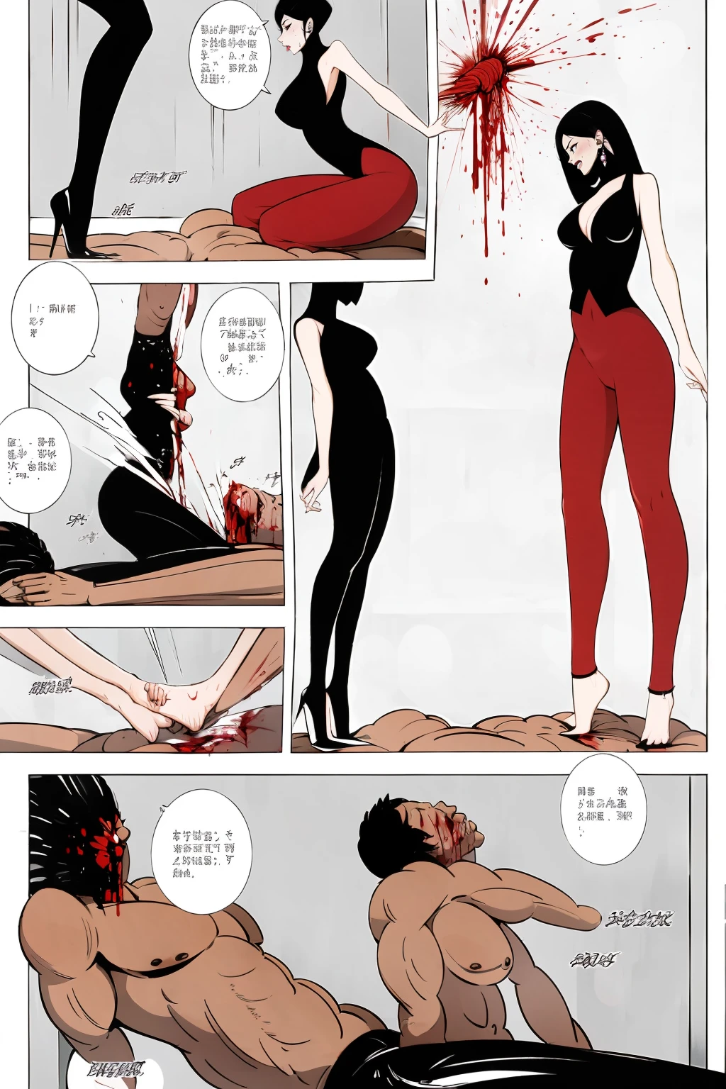 comic storyboard,realistic,3d,Unreal Engine 5,skin texture,anatomically correct,1beautiful girl, long hair,smile,barefoot,lace top,sexy, shiny leggings, thin gap,camel toe,high heels,cleavage,crossed legs,large breasts,leg tattoo,long hair,smile,toenails,) standing,trample,cuts,defloration,indoor,couple,femdom,hetero,saliva , mucus,femdom,blood on clothes,blood on hands,blood splatter,open mouth,kneeling man,sit,trembling man,dead man,sit,bruise man,lying man,man cum,bleeding man,(masterpiece, best quality:1.2)