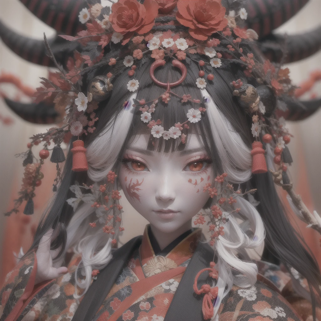 A captivating close-up of a Japanese doll, dressed in a vibrant red and black and white robe and matching hat, reveals intricate details of her Onmyoji portrait. The elaborate, anime-styled 3D design showcases every thread of her red kimono, its texture and weaving evident even at 8k high quality. Her demonic nature is accentuated by her large, fiery demon horn, a stark contrast to her traditionally beautiful appearance. This Japanese doll, rendered in 3D, exhibits Japonisme art in its most detailed form on CGStation, a trending platform for digital artists using ZBrush. Oni doll, anbu foxmask
