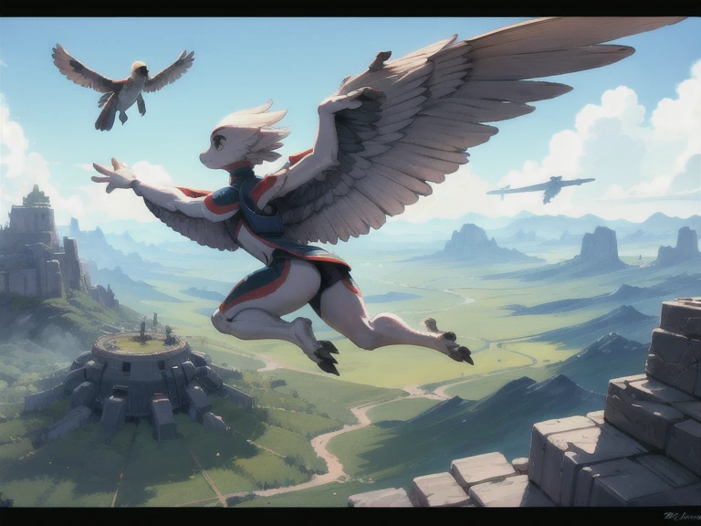 back non-gendered human with wings, feathery wings, fly in the sky, floating on air, from the back, antro, avian, science-fiction, paysage