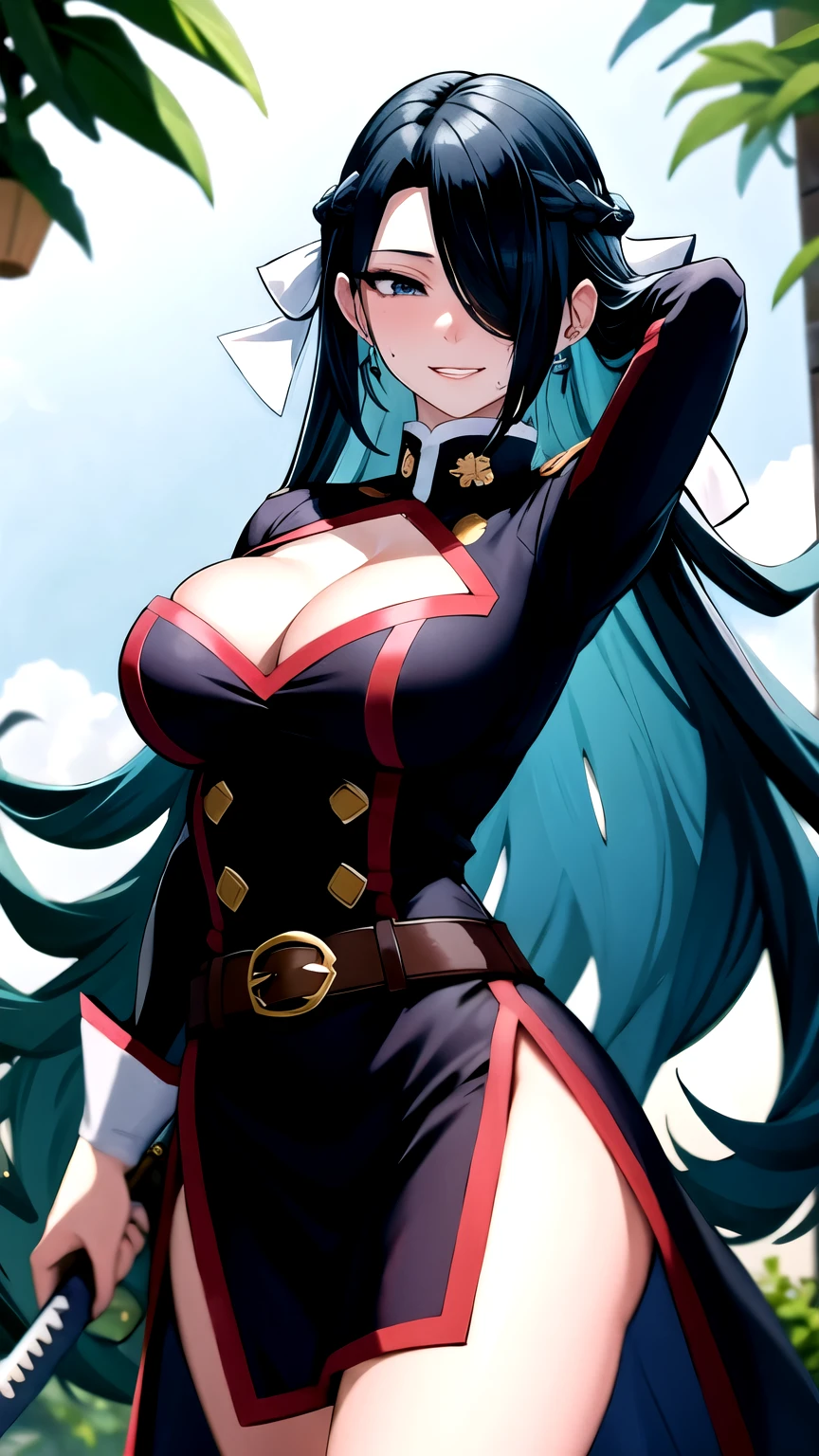 1girl, azumafubukilora, city, bangs, black_hair, blue_eyes, blush, bra, braid, branch, , cleavagng_sword, earrings, hair_over_one_eye, holding, holding_sheath, holding_sword, holding_weapon, jewelry, katana, large_breasts, leaf, ir, long_sleeves, looking_at_viewer, mole, mole_on_breast, mole_under_eye_leaf, palm_tree, parted_lips, plant, potted_plant, rain, scabbard, sheath, sheathed, solo, sword, tanabata, tanzaku, tree, unsheathing, upper_body, vines, water_drop, weapon, wet, Fubuki tossing her hair back with a confident smirk, showcasing her beauty and personality