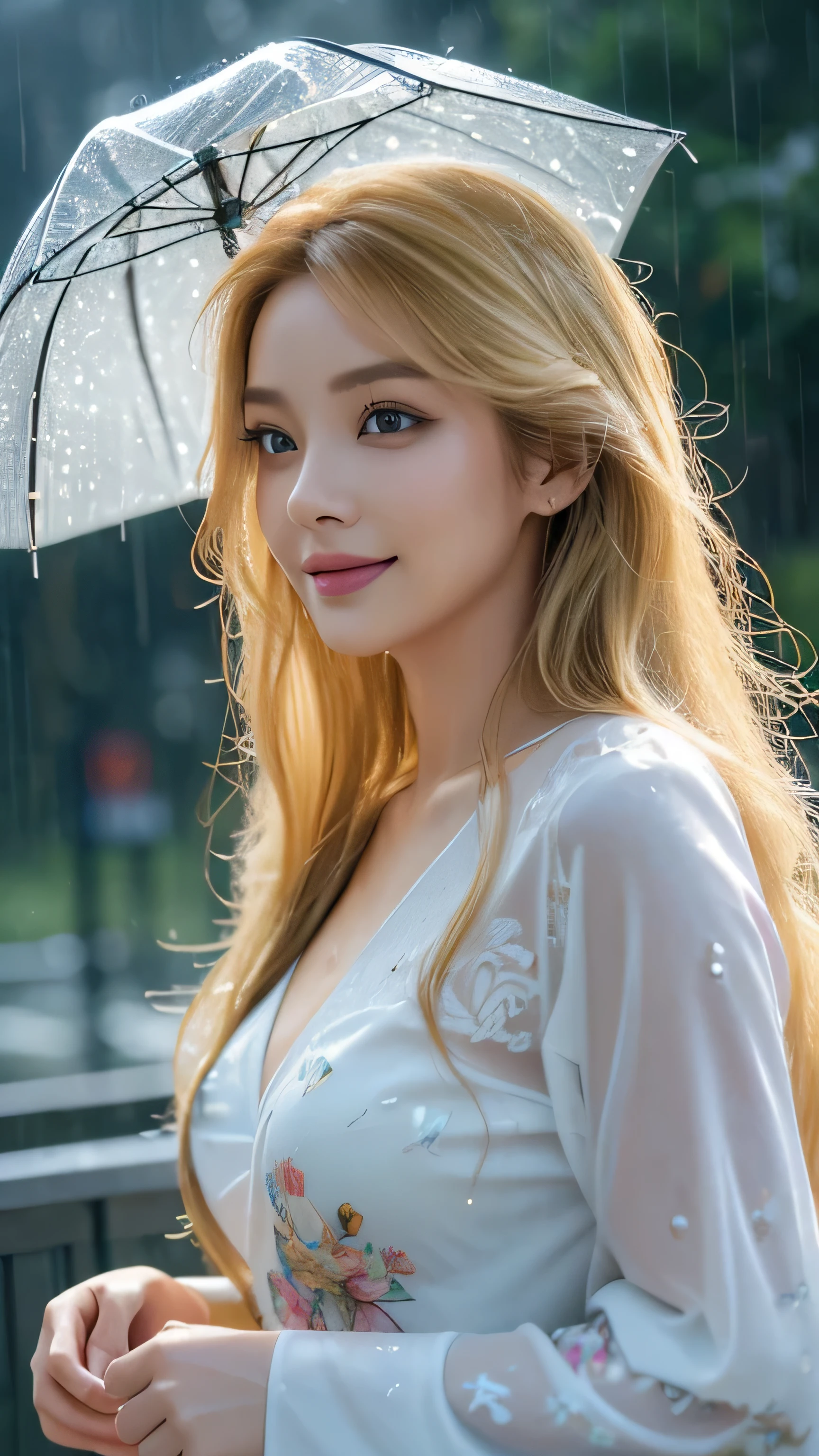 high resolution、 beautiful Woman (Dasha Taran)、Thoughtful expression、Clear photos、Realistic photos、Blonde Hair、Blue Eyes、Smiling kindly at the audience、High resolution、Dynamic Movement、Highly realistic photos、Extremely detailed depiction、Stylish clothes、rain、Wet、getting wet from rain