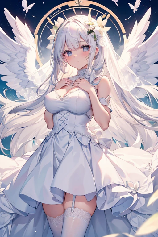 perseusorigin, whhe _dress, angel_wings, white_legwear, high detail, symmetrical, azur Lane, handiwork, best quality, 1girl, solo, white hair, long hair, looking at viewer, ideal breasts, same eye color, wedding dress, outdoors , bridal veil , long dress, white dress, circle skirt, clover