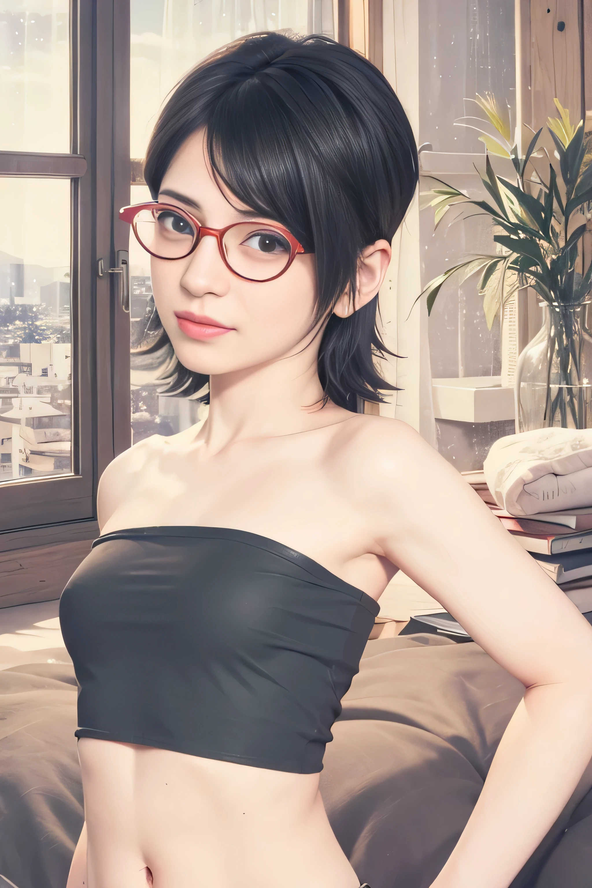 masterpiece, best quality, (realistic,photo-realistic:1.4), (RAW photo:1.2), extremely detailed CG unity 8k wallpaper, delicate and beautiful, amazing,finely detail, official art, absurdres, incredibly absurdres, huge filesize, ultra-detailed,extremely detailed eyes and face,light on face,sarada,(little smile),(black hair:1.4),(short hair:1.6),(wearing tube top:1.5),nature,(wearing red framed glasses:1.4),(small breast:1.3),bedroom