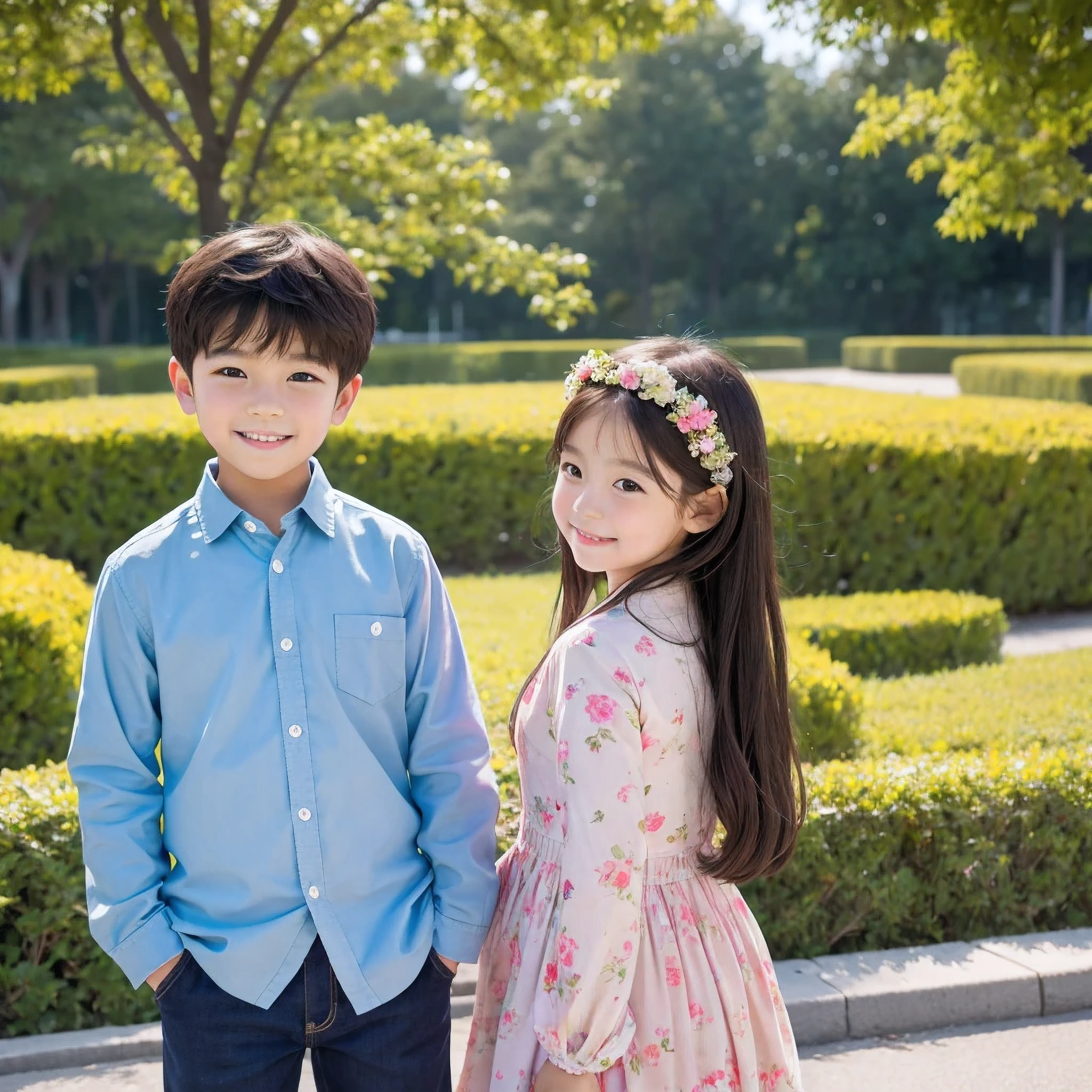 1 Korean 4--old , 1 Korean 4-year-olrl,Beed,cute,looking at the viewer,smile,neat clothes,beautiful park background,colorful flowers, subtle,very realistic,Free Pose,매우 subtle 얼굴, Detailed and smooth skin, beautiful face, masterpiece, highest resolution, best quality,perfect face,bright lights, standing pose, cheek-to-cheek,