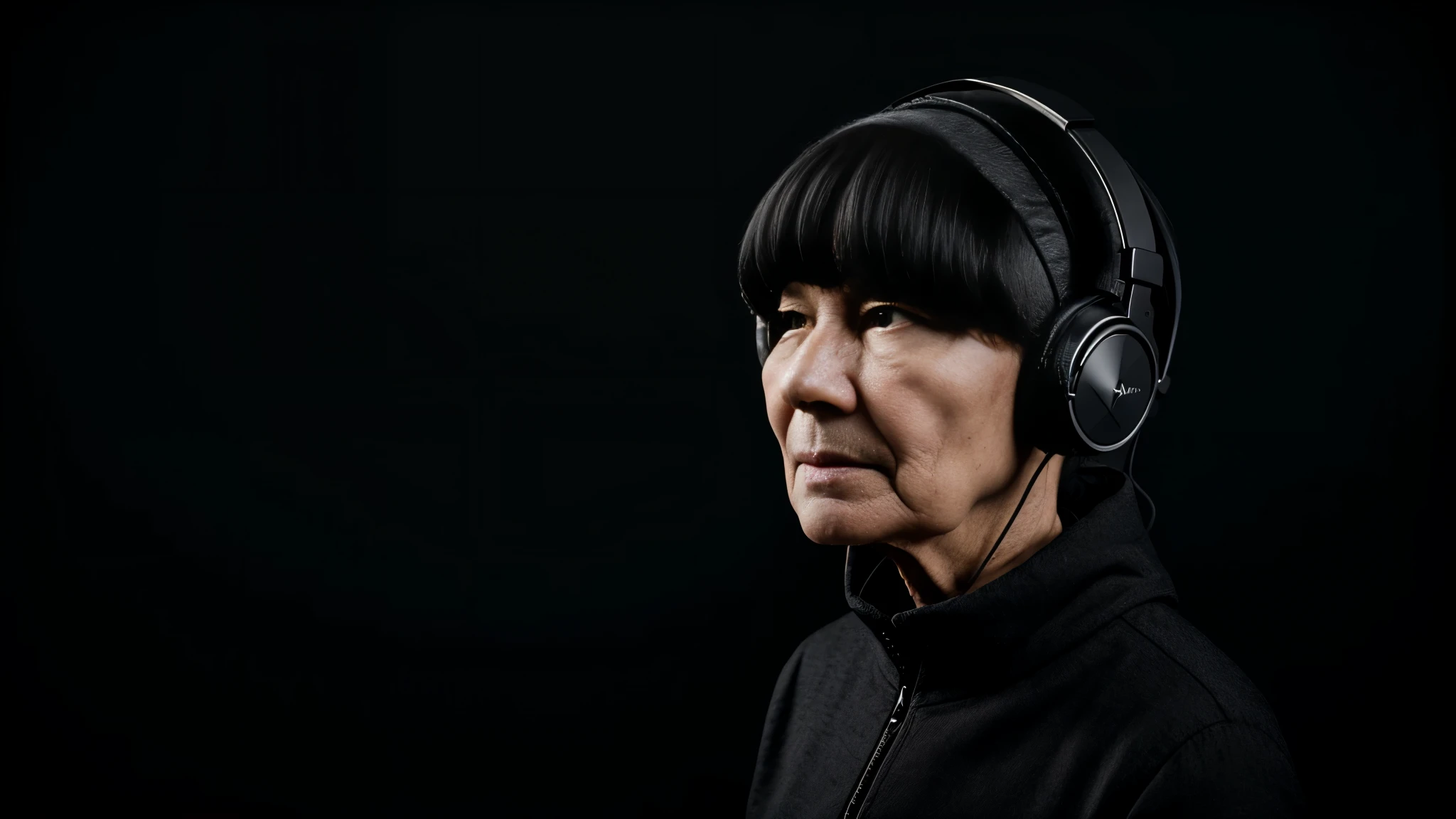 synthesizer,grandma,Wear headphones,The color is dark,background is black,With a deep pop depiction,With a touch of modern art,super high quality,8k,4k,