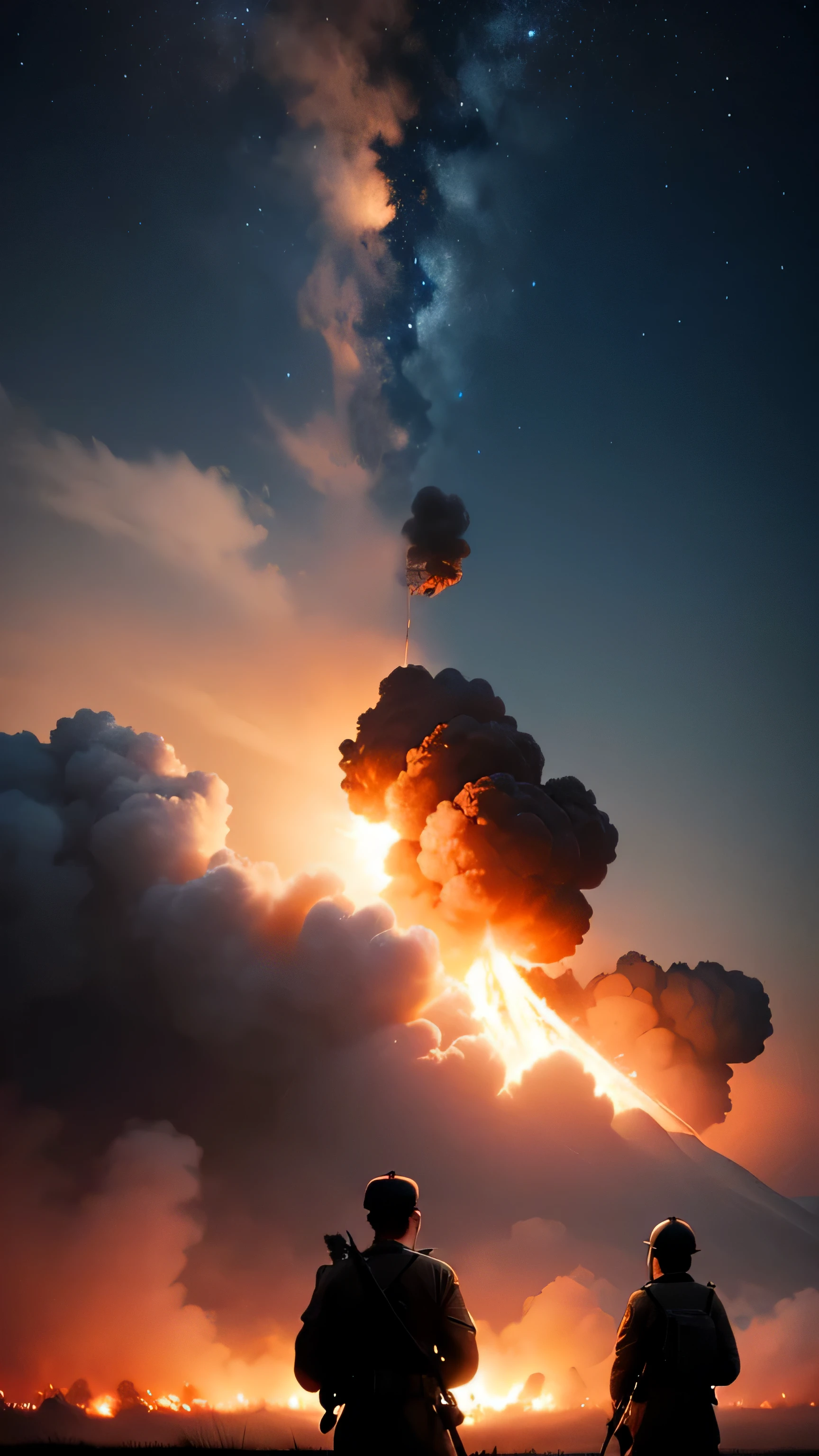 North Korea and South Korea war, explosion, people siluet, smoke, night sky, 8k