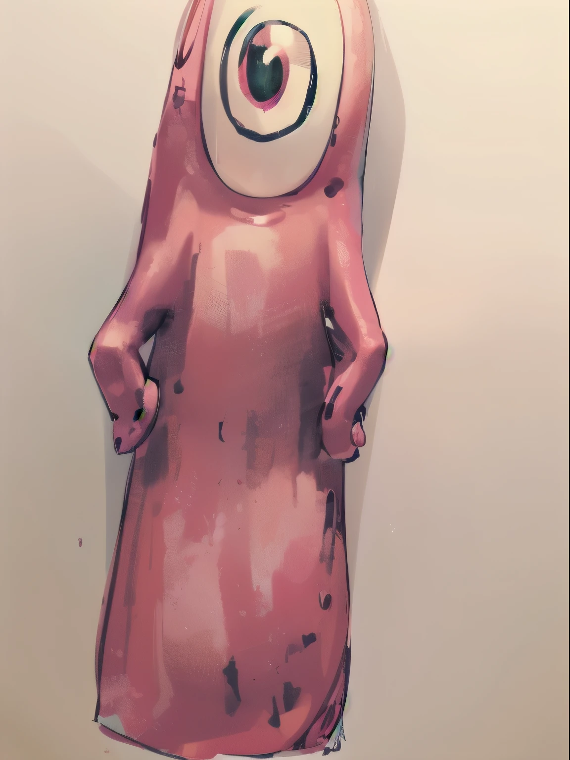 Drawing of a pink monster with big eyes, pink long body,Similar to JELLY shape, anthropomorphic character, The character is standing pink, There are pink hands and no cloth fingers