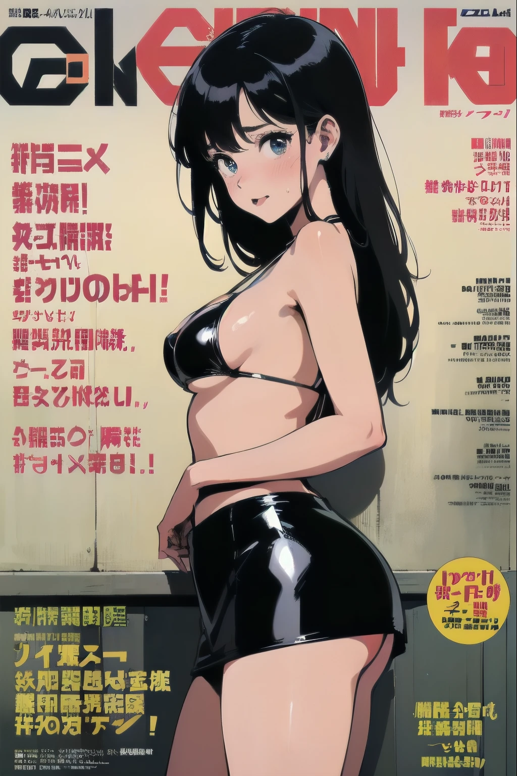 beautiful girl in anime style, ,clean small surfaces, cyberpunk, armor bikini、 (Magazine cover:1.8)、((from the outside:1.8))、(Stretch your back)、(dynamic pose:1.1), Cute 1 girl, top quality、ウルトラ - A high resolution、A high resolution、highly detailed computer graphics、8K wallpaper、17 years、detailed and beautiful eyes, braids、(((Colorful super shiny latex bikini)))、((( Black skin, open-chested shirt, Latex super miniskirt, Technical sneakers, split ,)))、(shiny body,:1.5)、blush, sweat,Please, be shy、(gasped:1.5)、(Stick out your tongue)、red blush、Please, be shy、(gasped:1.5)、full of embarrassment、skirt with turn up
