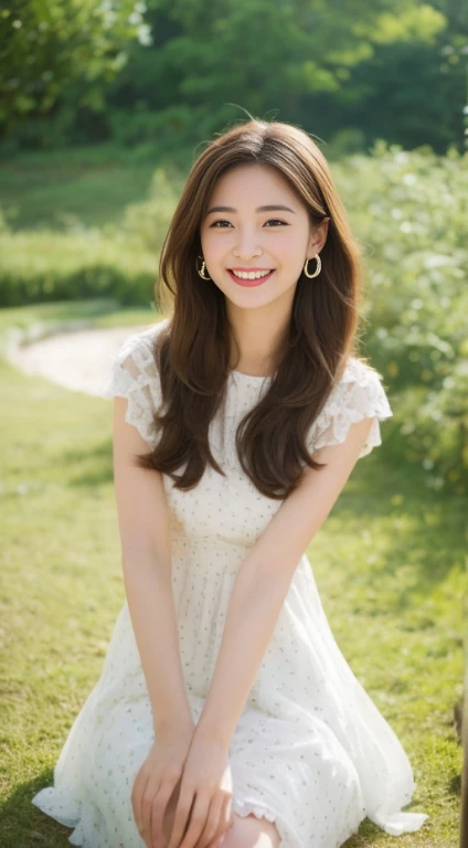 1 girl, hairpin, earrings, jewelry, brown hair, looking at the audience, lips, playful, Sit in front of the artboard, , thigh, whole body, In the sea of flowers or on the beach, She wore a long white dress, Slightly sideways, Hands running through long hair, gentle eyes, Smile, As if enjoying the beauty of nature, Such photos will definitely make people feel her beautiful and innocent aura. The tone of the photo can be predominantly natural, Bright and soft, Makes people feel warm、peaceful. It seems to dance with its surroundings. Her breath is full of life and vitality, as if her whole body is venting the energy of youth. The whole picture becomes vivid because of her presence, Make people feel endless joy and vitality.