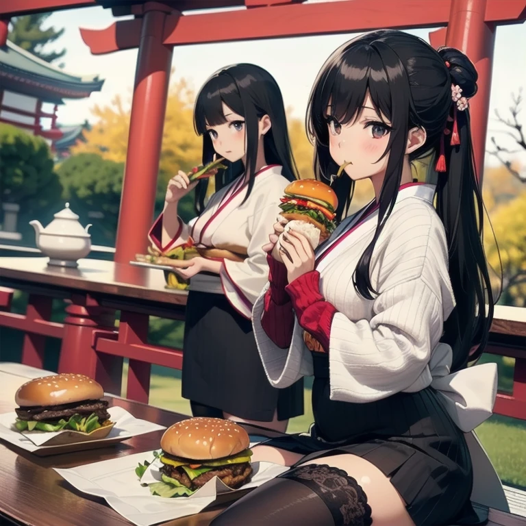 1girl, anime, black eyes, long black hair with square bangs, very long black hair, super long black hair, skirt and stockings, (((stockings))), heels, black Japanese style kimono mixed with ribbed black sweater with red accents and sakura floral design, ((ribbed black sweater)) adult, (((Japanese shrine/temple background))), kimono sleeves, garter, graceful, ((eating burger in kitchen)), burgers on countertop, lots of completed dishes everywhere, (((lots of food in the background))), french fries, cola soda,