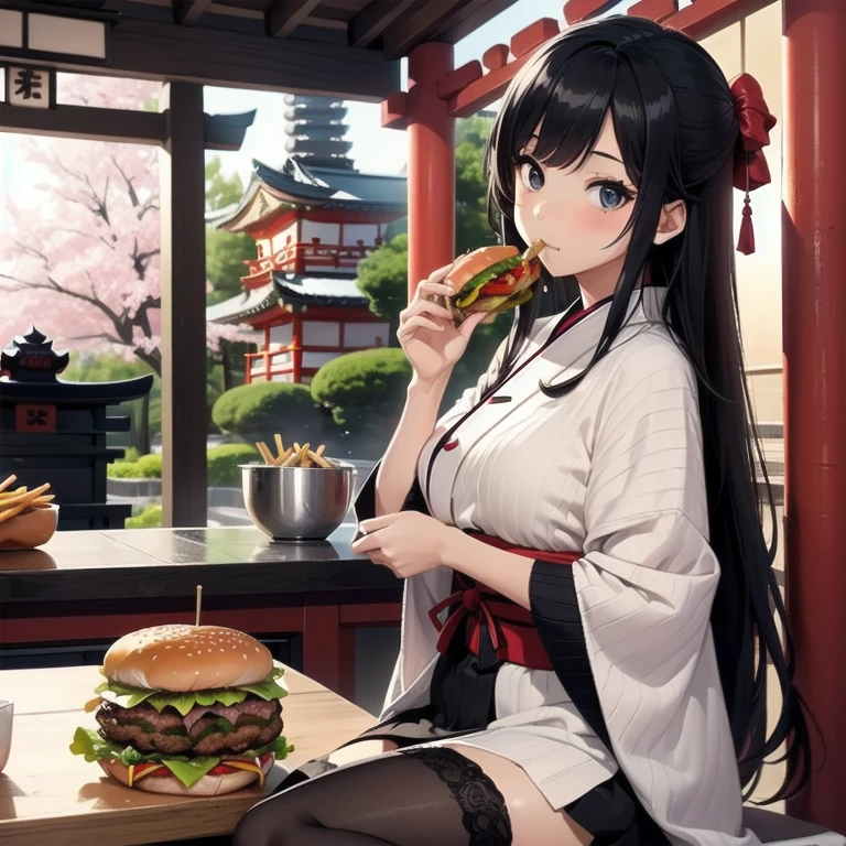 1girl, anime, black eyes, long black hair with square bangs, very long black hair, super long black hair, skirt and stockings, (((stockings))), heels, black Japanese style kimono mixed with ribbed black sweater with red accents and sakura floral design, ((ribbed black sweater)) adult, (((Japanese shrine/temple background))), kimono sleeves, garter, graceful, ((eating burger in kitchen)), burgers on countertop, lots of completed dishes everywhere, (((lots of food in the background))), french fries, cola soda,