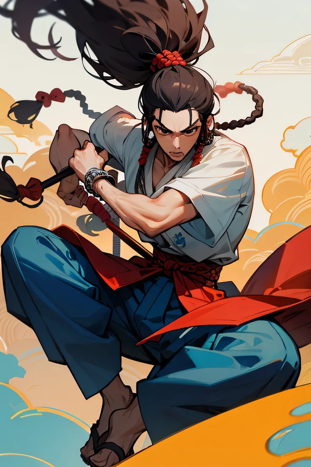 monkey man with dreadlock hairstyle yakuza wearing haori with a dynamic pose on a pole stick