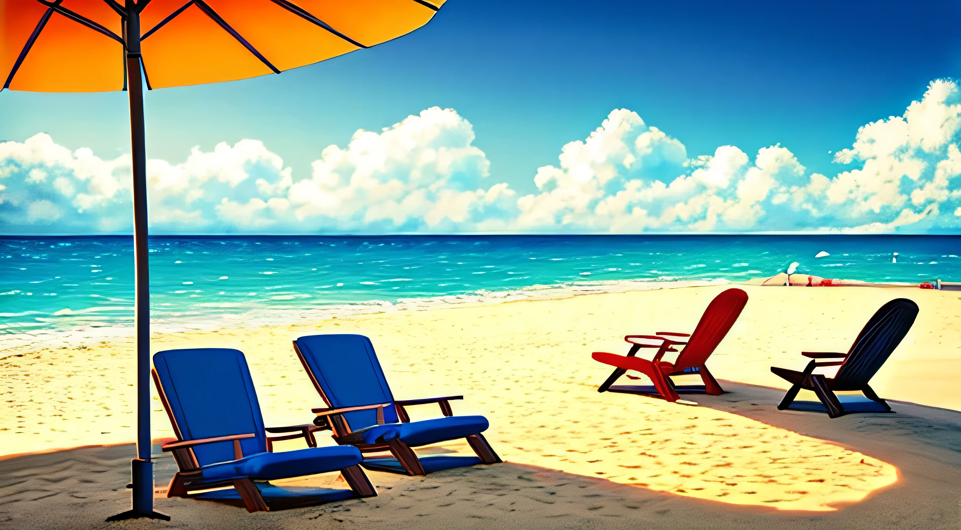 Beach scene with umbrellas and chairs, Sea and Sand