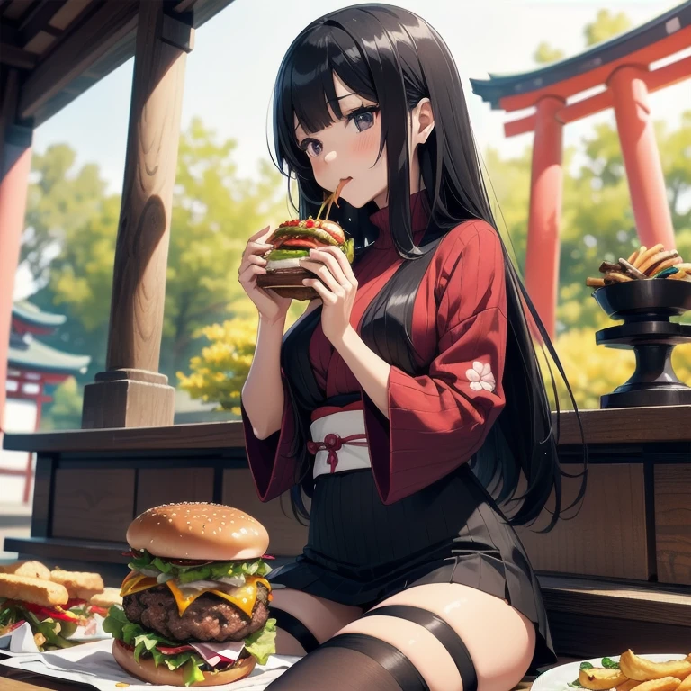 1girl, anime, black eyes, long black hair with square bangs, very long black hair, super long black hair, skirt and stockings, (((stockings))), heels, black Japanese style kimono mixed with ribbed black sweater with red accents and sakura floral design, ((ribbed black sweater)) adult, (((Japanese shrine/temple background))), kimono sleeves, garter, graceful, ((eating burger in kitchen)), burgers on countertop, lots of completed dishes everywhere, (((lots of food in the background))), french fries, cola soda,