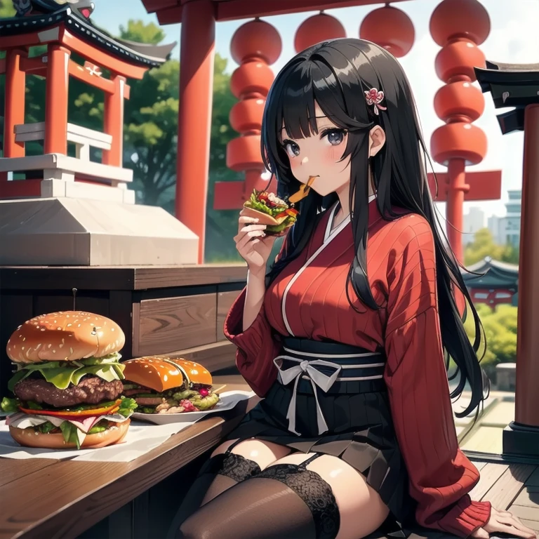 1girl, anime, black eyes, long black hair with square bangs, very long black hair, super long black hair, skirt and stockings, (((stockings))), heels, black Japanese style kimono mixed with ribbed black sweater with red accents and sakura floral design, ((ribbed black sweater)) adult, (((Japanese shrine/temple background))), kimono sleeves, garter, graceful, ((eating burger in kitchen)), burgers on countertop, lots of completed dishes everywhere, (((lots of food in the background))), french fries, cola soda,