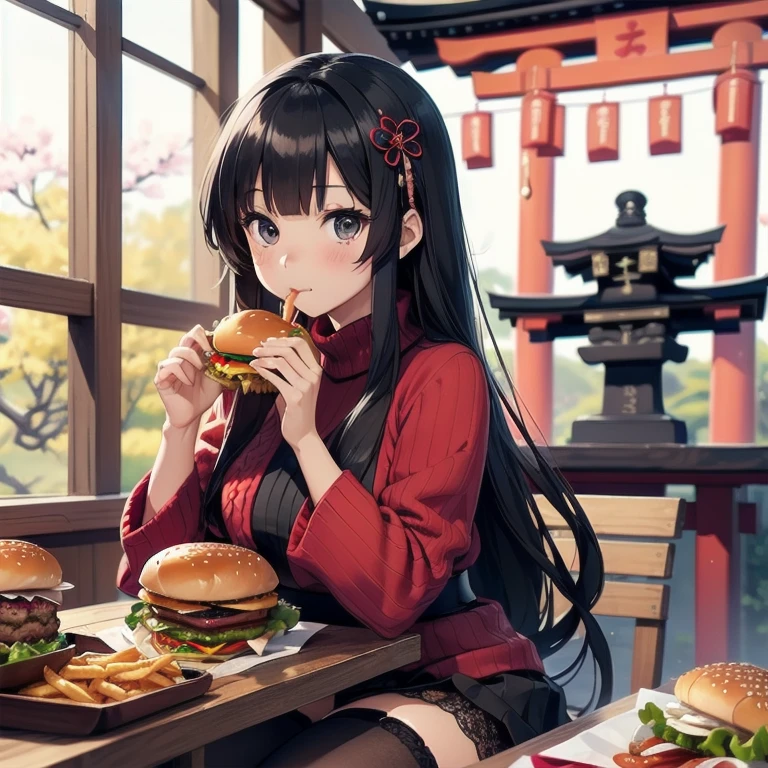 1girl, anime, black eyes, long black hair with square bangs, very long black hair, super long black hair, skirt and stockings, (((stockings))), heels, black Japanese style kimono mixed with ribbed black sweater with red accents and sakura floral design, ((ribbed black sweater)) adult, (((Japanese shrine/temple background))), kimono sleeves, garter, graceful, ((eating burger in kitchen)), burgers on countertop, lots of completed dishes everywhere, (((lots of food in the background))), french fries, cola soda,