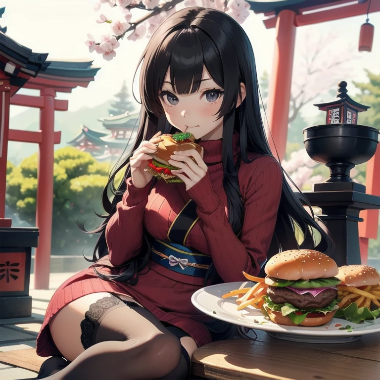 1girl, anime, black eyes, long black hair with square bangs, very long black hair, super long black hair, skirt and stockings, (((stockings))), heels, black Japanese style kimono mixed with ribbed black sweater with red accents and sakura floral design, ((ribbed black sweater)) adult, (((Japanese shrine/temple background))), kimono sleeves, garter, graceful, ((eating burger in kitchen)), burgers on countertop, lots of completed dishes everywhere, (((lots of food in the background))), french fries, cola soda,