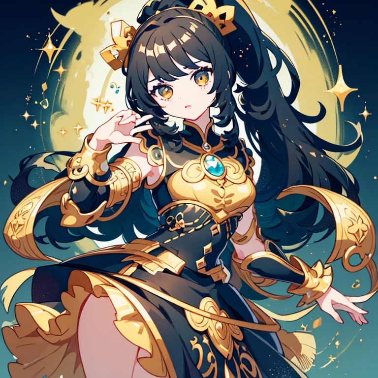 (masterpiece), (perfect hands), best quality, expressive eyes, perfect face, (one woman) with long curly black hair in ponytail and bangs, wearing magical girl dress, magical pose, dynamic pose, fun pose, playful expression, headshot
