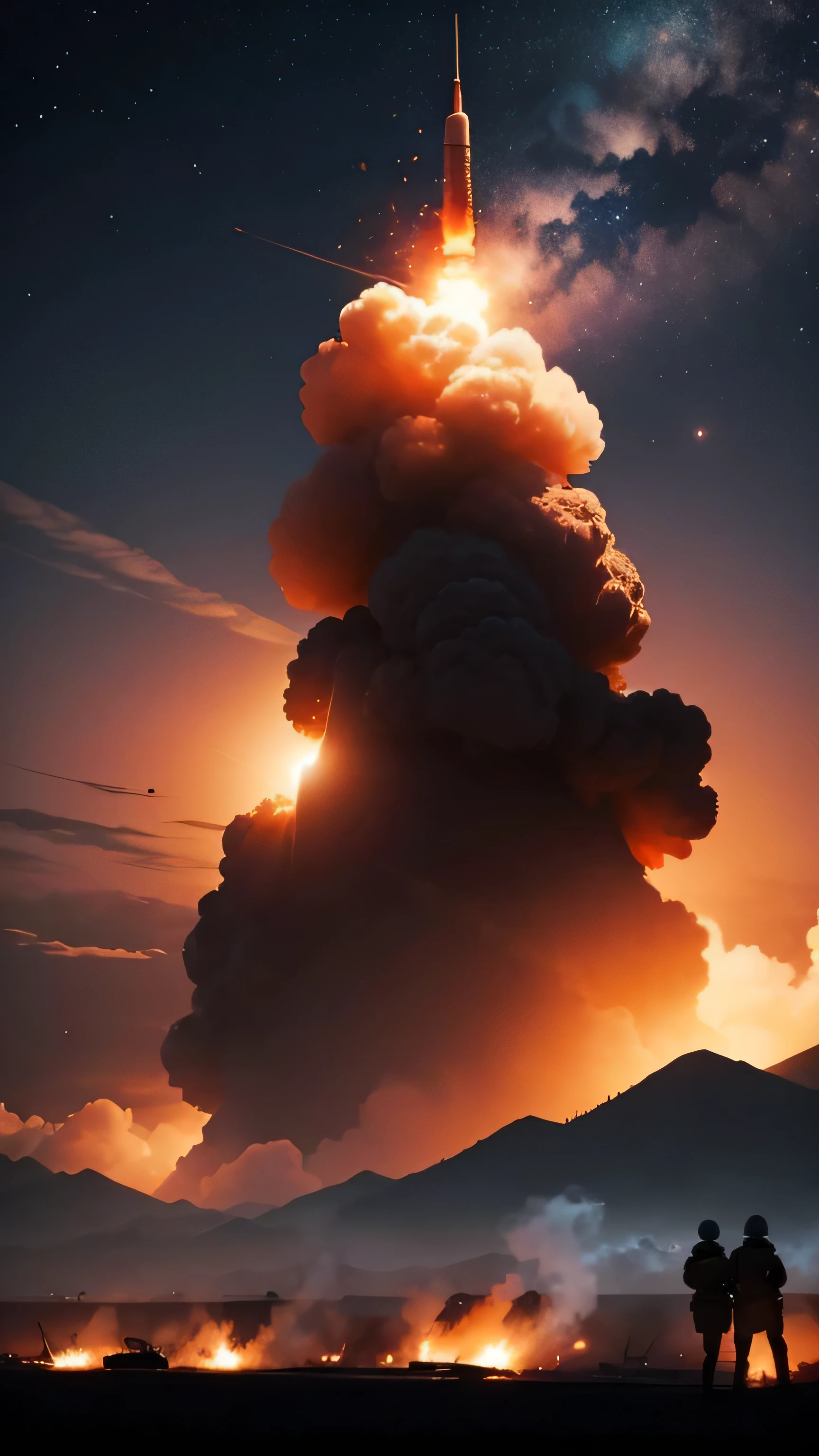 Atomic bombing、Smoke plunges into the sky,Red dull sky