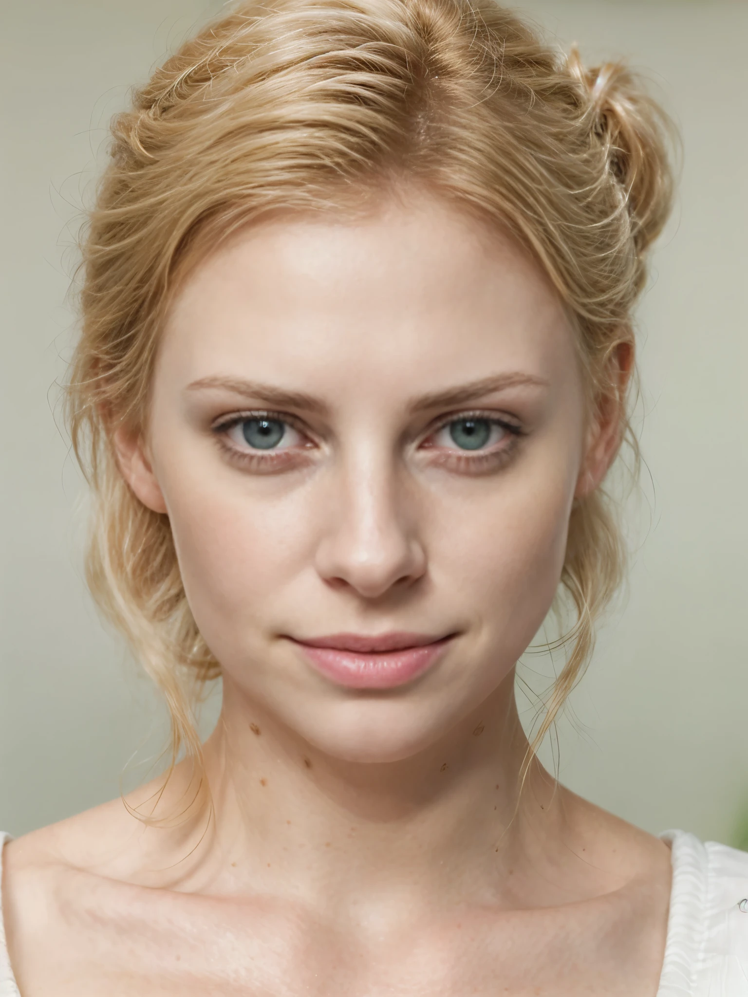 ((Photo)), (detailed), closeup, portrait d'une jeune femme de 25 ans , with pale skin,blonde, 33% Charlize Theron, 33% Julia Roberts , 33% Clara Morgane, natural soft pale skin, pale, cheveux blond , ponytail, green eyes