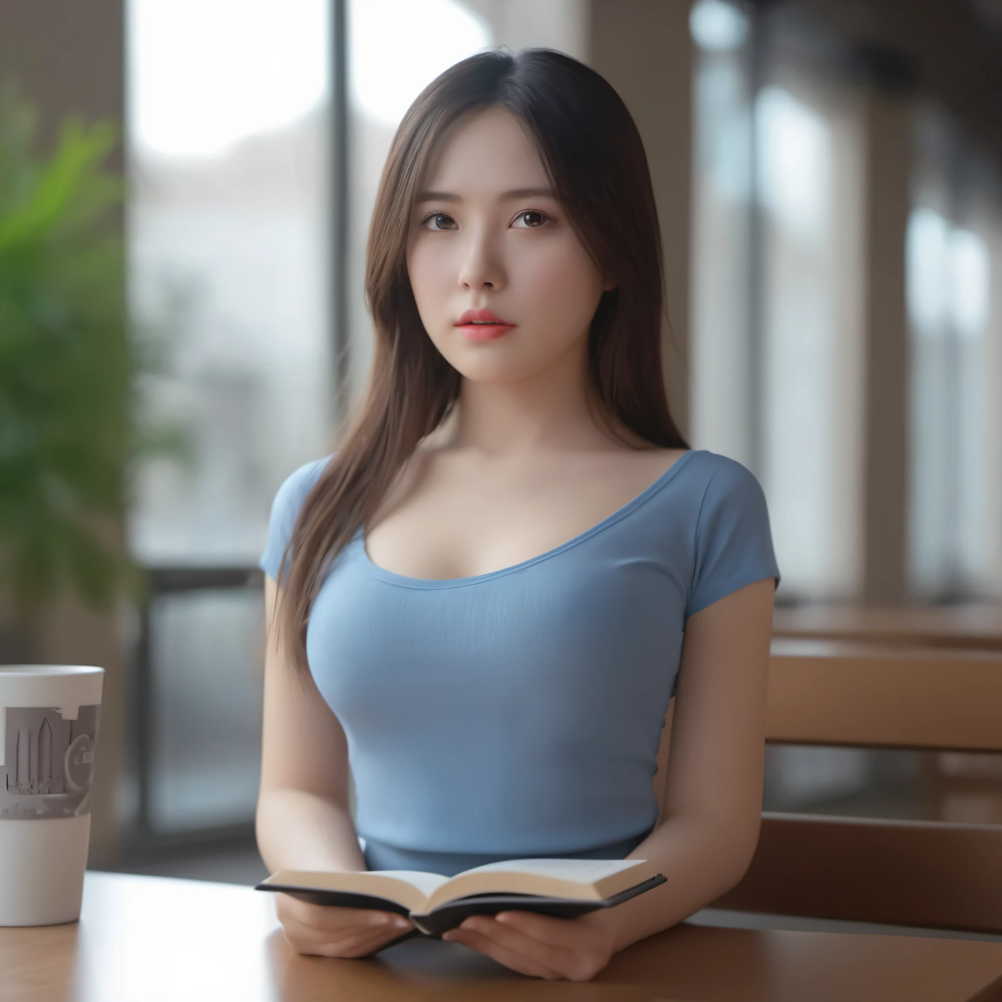 masterpiece, best quality, (realistic, photo-realistic:1), (RAW photo:1), extremely detailed CG unity 8k wallpaper, yangmi, sitting in a cafe and reading book, looking at viewer, detailed face, medium breasts, full body, crossed legs, an extremely delicate and beautiful, amazing, finely detail, official art, absurdres, incredibly absurdres, huge file size, ultra-detailed, extremely detailed, beautiful detailed girl, extremely detailed eyes and face, beautiful detailed eyes, dynamic angle, wide shot, cinematic lighting, moody lighting,