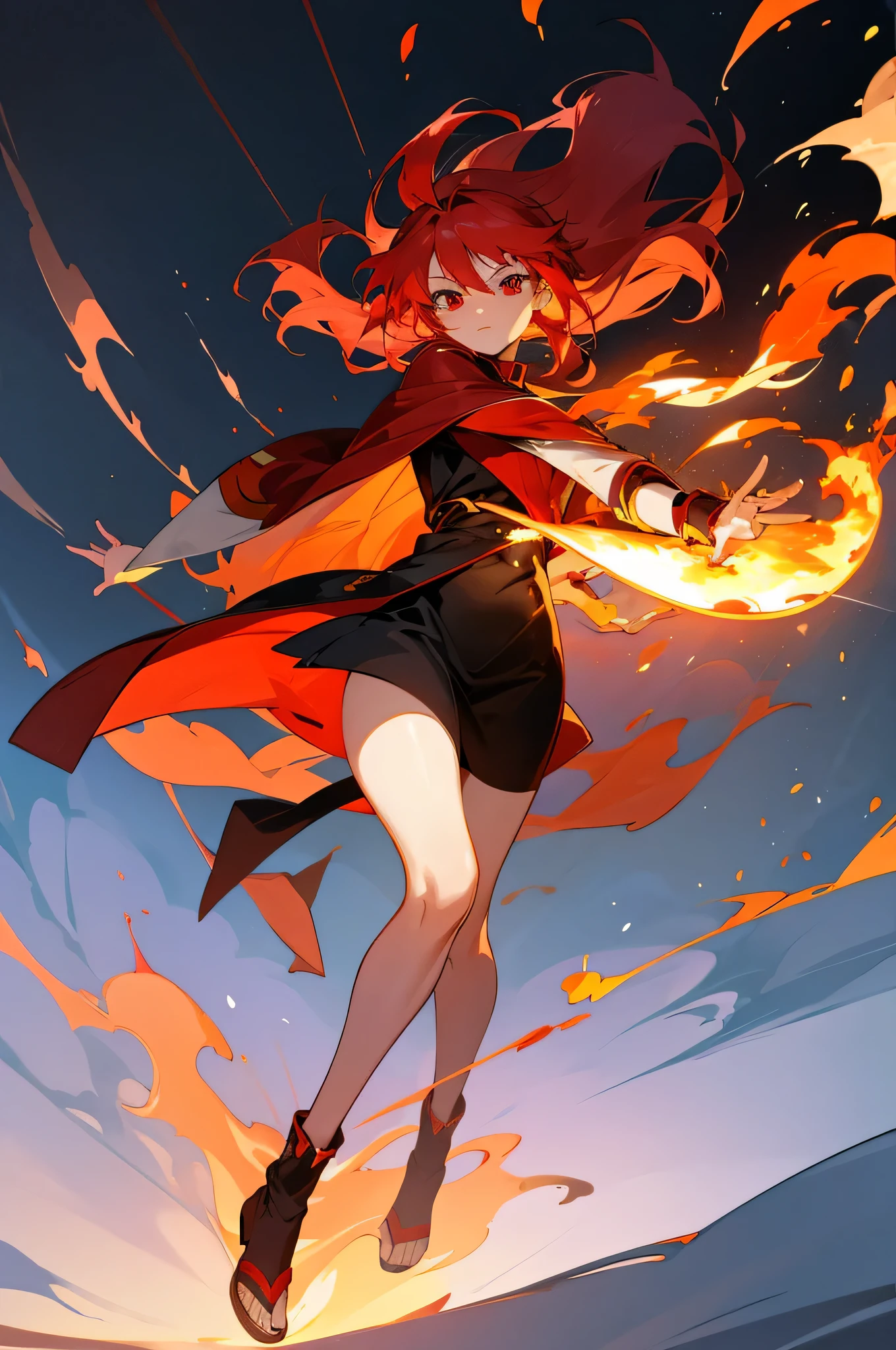 red haired anime girl, beautiful red eyes, fire magic circle in hand, casting fire magic, full body,legs.