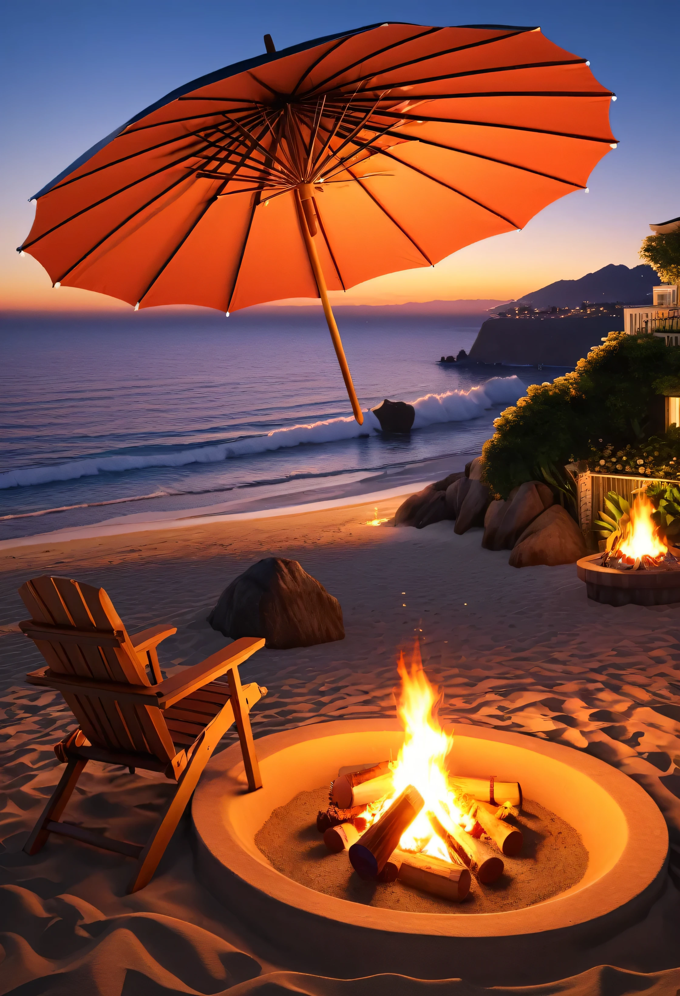 (GTA style:1.5),beach,sunset,drunk, And strong,beach umbrella,bonfire,fluorescent beach,Gentle Sunset,beautiful garden,Amazing sea views,