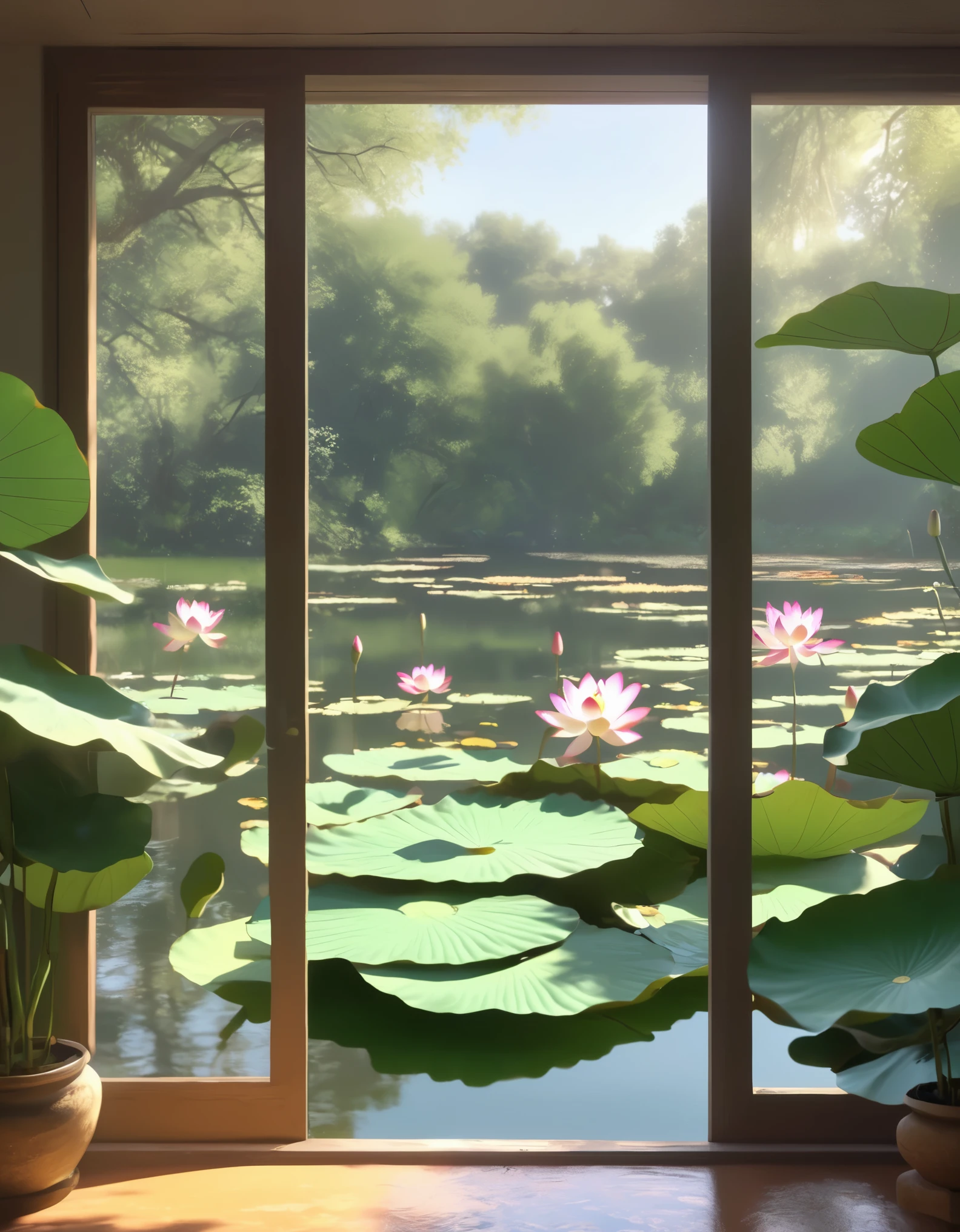 The scenery outside the window，summer，lotus，pond，8k，masterpiece，Super fine，Rich details，Realistic ray tracing，OC rendererst-person perspective