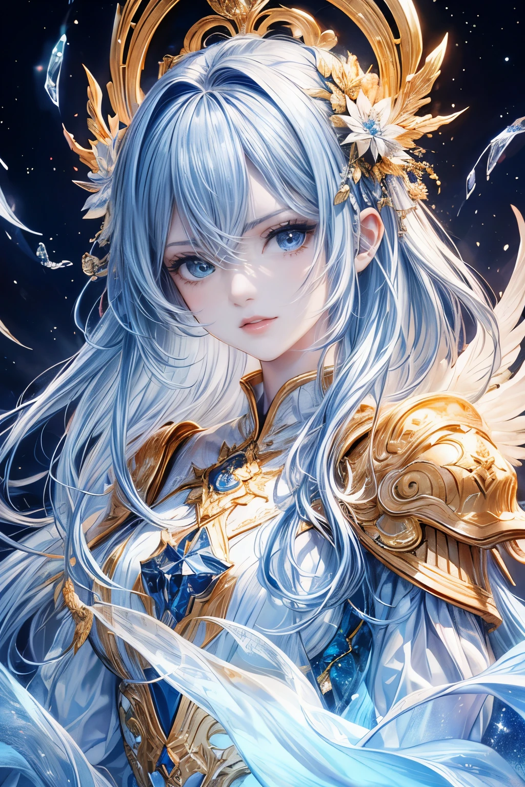 (highest quality, 8K, cg, Beautiful details upper body, , thumb girl, taffeta coat dress, space background, complex facial features, flowing long hair, almond shaped eyes, Elaborate eye makeup, long fluttering eyelashes, Big eyes blink with a starry gaze, exquisite lip detail, soft and harmonious style),Empress of the universe,god々queen of,stern look,serious expression,blue hair,gold decoration,angry face,