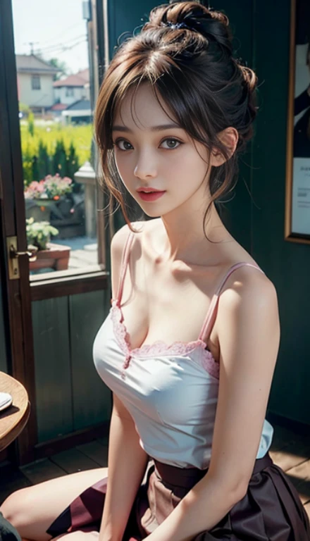 (RAW photo、highest quality)、(realistic、Photoreal:1.3)、highest quality、masterpiece、very delicate and beautiful、A hvery detailed、nffsw、sense of oneness、2k wallpaper、grow、Beautiful in every detail、masterpiece、smile、highest quality、Hvery detailed ticker Unity 8K wallpapers、huge file size、super detailed、High resolution、very detailed、1 female、Because I'm slender、D cup、(black leotard top:0.7)、(pink skirt:1.2)、(bun hair)、(brown haired)、look ahead、sharp focus、close up of face、Pueros face_V1:0.8 short hair、Instagram、Viewer's perspective、Self snap
