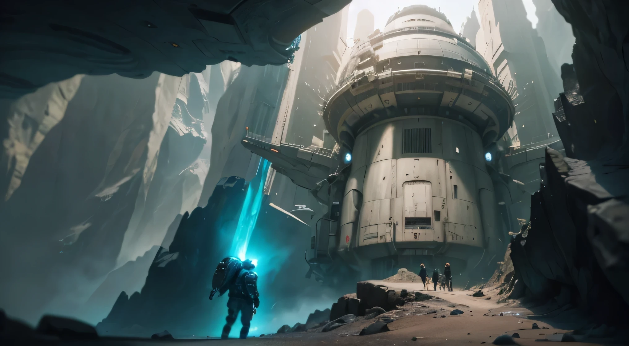 (best quality,4k,8k,highres,masterpiece:1.2),ultra-detailed,(realistic,photorealistic,photo-realistic:1.37),a man standing in front of a spaceship in a cave, mystical, sci-fi, sci-fi, sci-fi, sci-fi, sci-fi, futuristic, Nordic, sci-fi, digital art, digital art, stunning, sci-fi art.,laboratory,Underground laboratory
