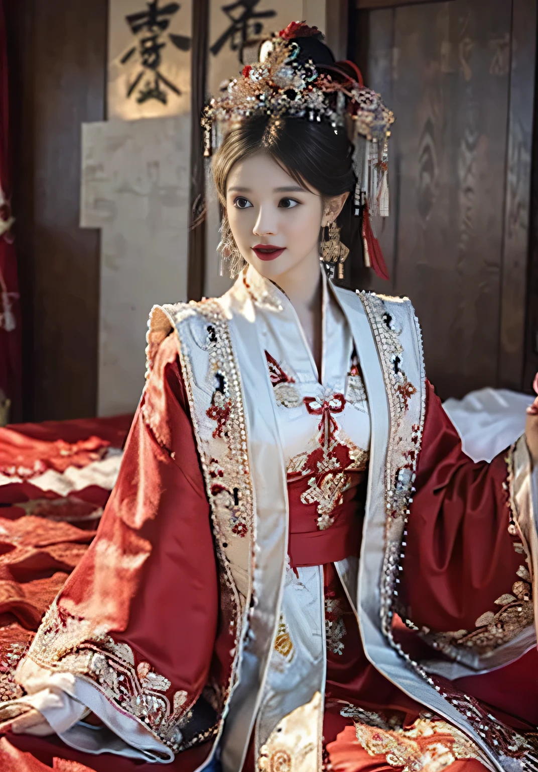 (Hyper-realistic 8K CG: 1.2), perfect work of art, Exquisite pattern, intricate details, (Unparalleled masterpiece, best quality: 1.2), (extremely complex: 1.2), a woman in a Red and gold dress, Phoenix Crown, hair stick, (sitting on a Red bed), cosmetic, blush, shy, Black_hair, look down, cosmetics, (Forehead point), (2 Red candles), Chinese_clothing, curtain, earrings, hair_decoration,hanfu, Internal, jewelry, Red nails, long_sleeve, Red dress, Red lips, tassel, (Red quilt), (Red palace: 1.2), (ancient Chinese architecture), (Red: 1.8), night