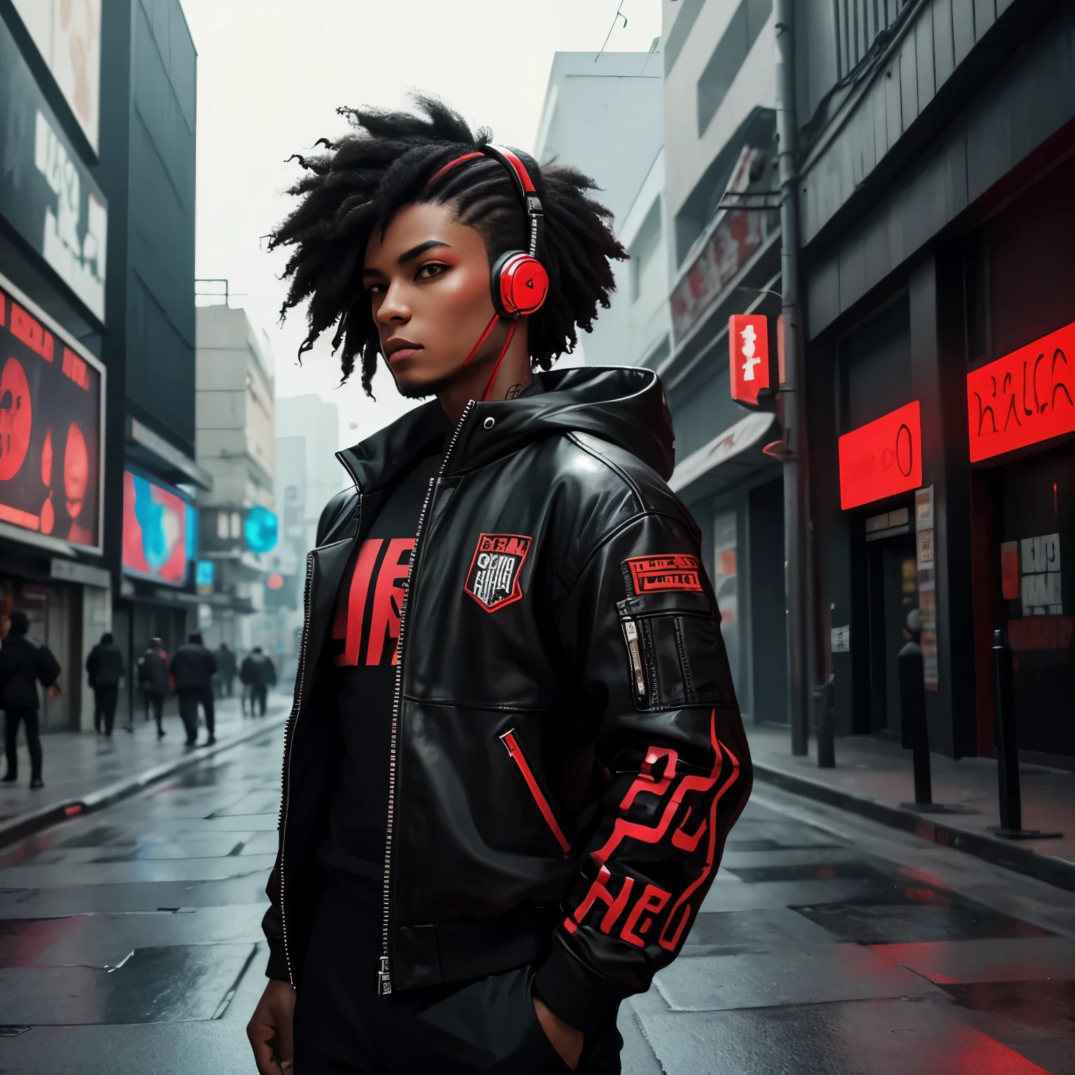chico con pelo negro y rojo, ropa negra, en un fondo cyberpunk, de piel blanca, con auriculares negros y rojo