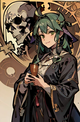 (masterpiece), (High resolution), (overtake繊細),,(Horror elements), bust up,((Alphonse Mucha 1.5))、green hair、overtake々long hair、(background:cemetery、Skeleton decoration)
