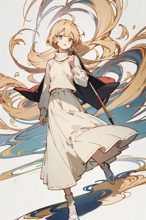 ((highest quality)), ((masterpiece)), (be familiar with), perfect face、girl、pencil、anime style、Flaxen Turtleneck Sweater、long skirt、whole body