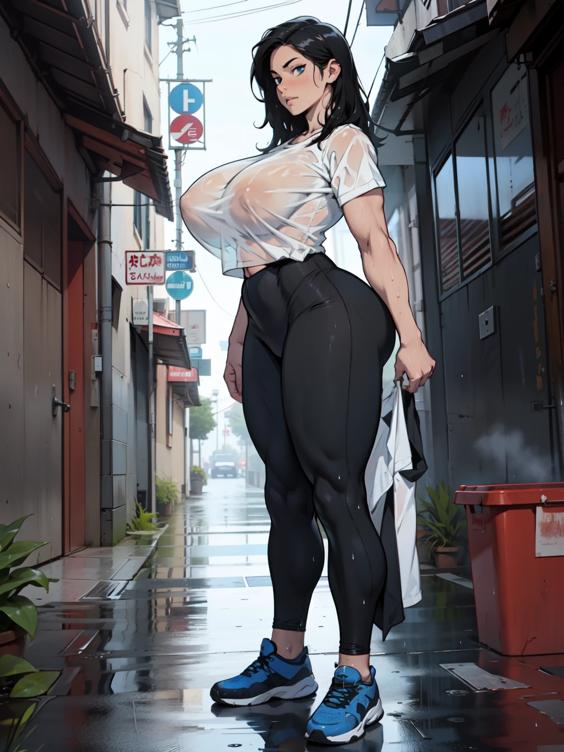 older sister latin facial features full body full body solo standing tight shirt wet shirt see-through shirt leggings sweaty (((Muscular girl with a toned body and huge breasts))) blue eyes black hair pale skin