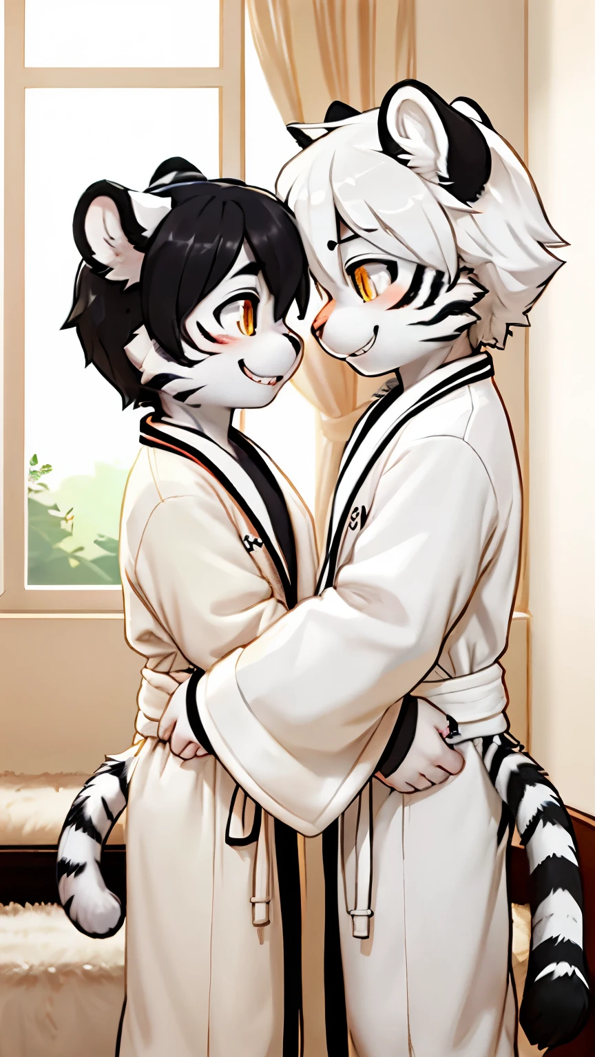 (fluffy anthro furry:1.6),(young: 1.6),tiger girl,2 girl,small breasts,naked,pubic fur,neck fur,bathhouse,a lot of steam,full face blush,very hot,steam face,steam neck,steam body,steam arms,a lot of bubbles surround,a lot of bubbles floating,sitting,looking at viewer,upper body only,grin,close eye,low angle