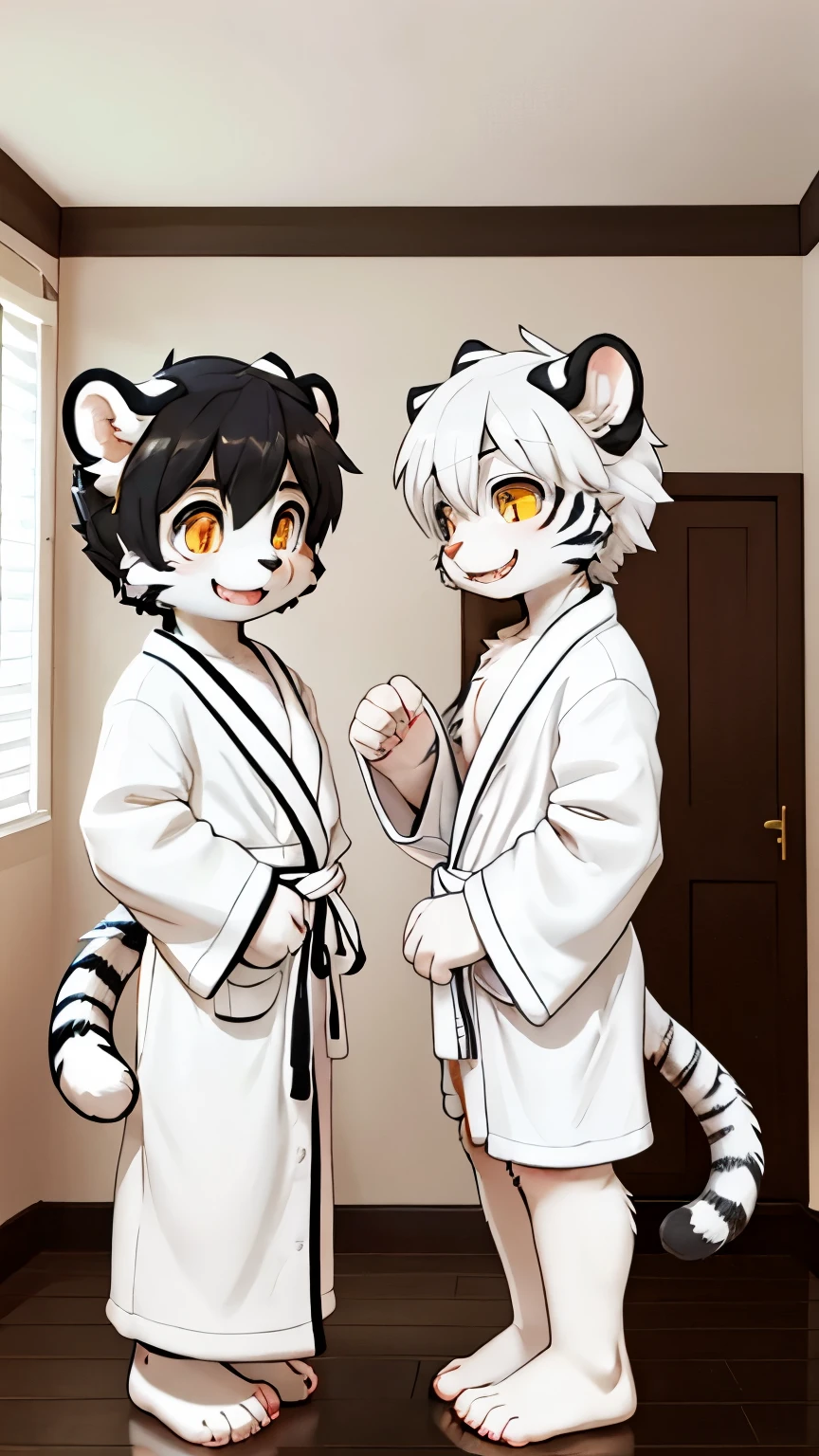 Two white tigers,Lovely,Smile,Wearing a loose bathrobe,With small tiger teeth,Black and white hair,Black and white tail,golden eyes,in a room,Shota,Hands down