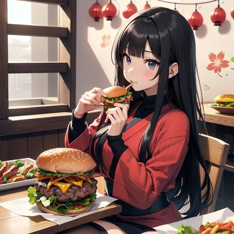 1girl, anime, black eyes, long black hair with square bangs, very long black hair, super long black hair, skirt and stockings, (((stockings))), heels, black Japanese style kimono mixed with ribbed black sweater with red accents and sakura floral design, ((ribbed black sweater)) adult, (((Japanese shrine/temple background))), kimono sleeves, garter, graceful, ((eating burger in kitchen)), burgers on countertop, lots of completed dishes everywhere, (((lots of food in the background))), french fries, cola soda,