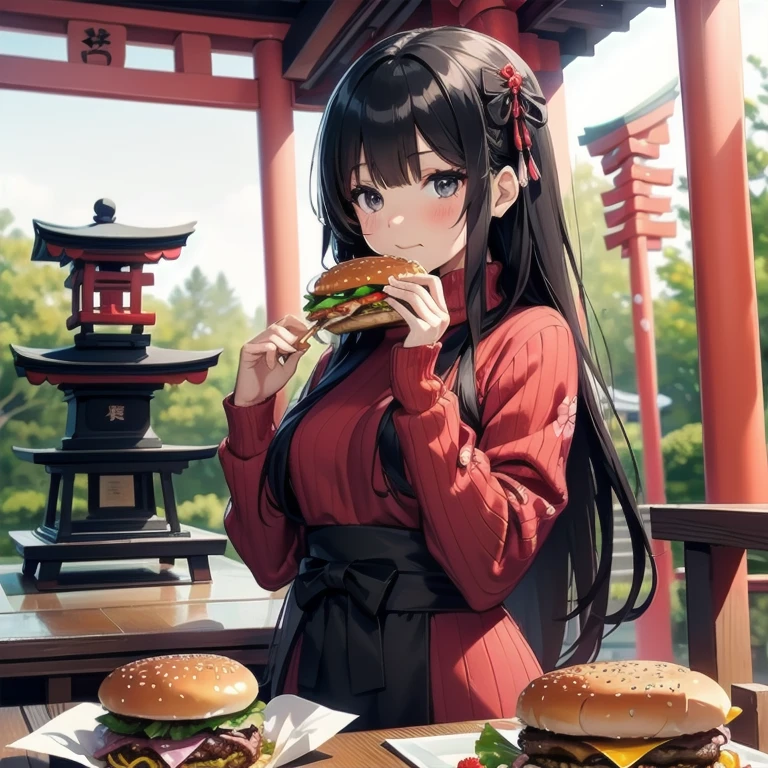 1girl, anime, black eyes, long black hair with square bangs, very long black hair, super long black hair, skirt and stockings, (((stockings))), heels, black Japanese style kimono mixed with ribbed black sweater with red accents and sakura floral design, ((ribbed black sweater)) adult, (((Japanese shrine/temple background))), kimono sleeves, garter, graceful, ((eating burger in kitchen)), burgers on countertop, lots of completed dishes everywhere, (((lots of food in the background))), french fries, cola soda,