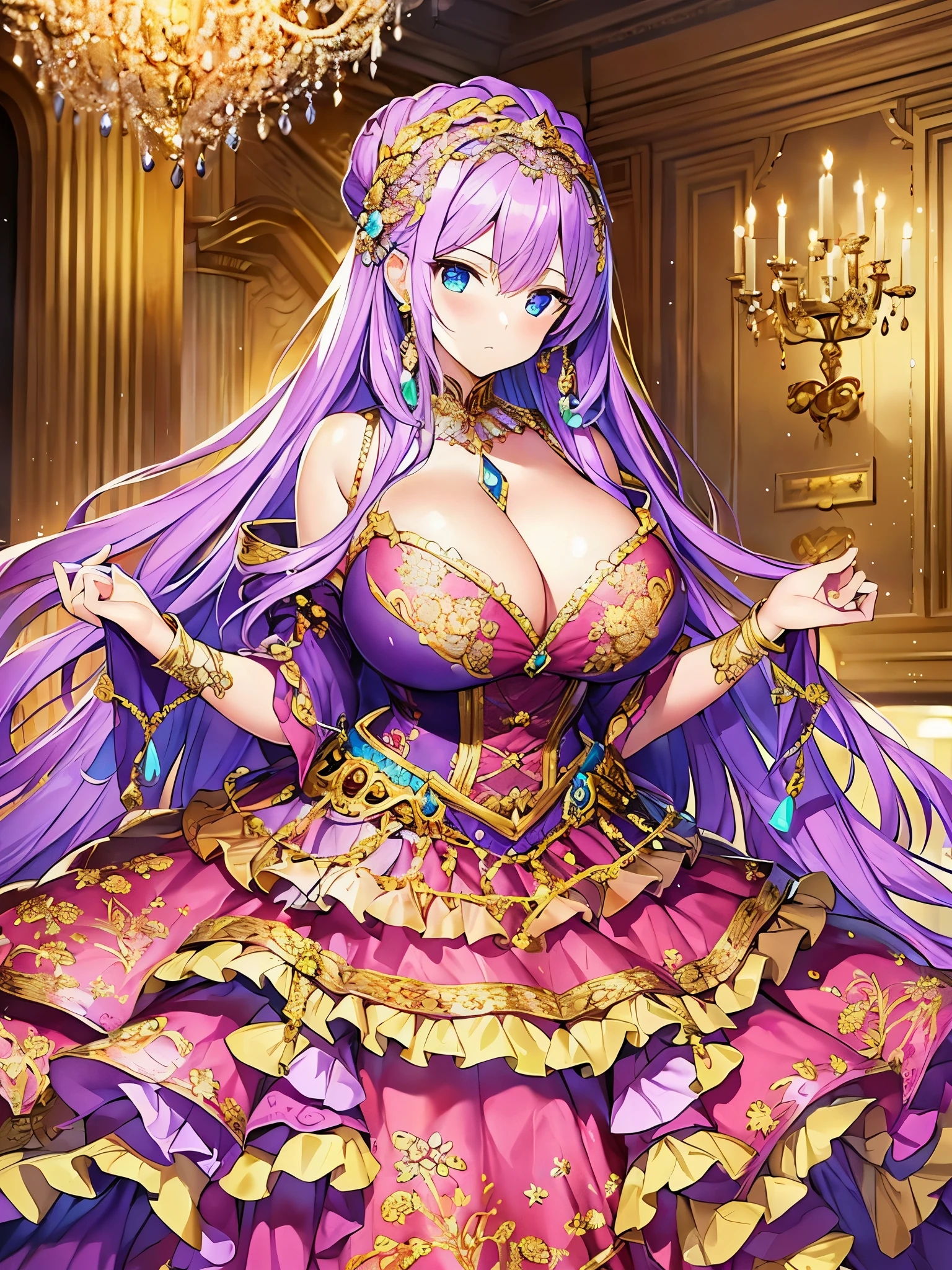 ((anime artstyle)),(Masterpiece),(Best Quality), (Super Detail),(((Very Delicate and Beautiful))),Solo,full body,((full body portrait)),((1 bling-bling princess in beautiful embroidery and jeweled gorgeous rococo ballgown)),((((absurdly gigantic tits)))),(((cleavage,curvy))),Skindentation,detailed face and eyes,jewel-like eyes,((castle)),((crinoline,long train)),gorgeous princess rococo ballgown with voluminous full length hoop skirt and long train,(((bling-bling gorgeous rococo ballgown with beautiful embroidery and jeweled))),((large amount of straight hair, absurdly long hair,Very Long Straight Hair)),extremely gorgeousfull hair ornament,(bling-bling extremely gorgeous jeweled tiara),luxurious jewelry,full body,((beautiful embroidery and jeweled gorgeous rococo ballgown))