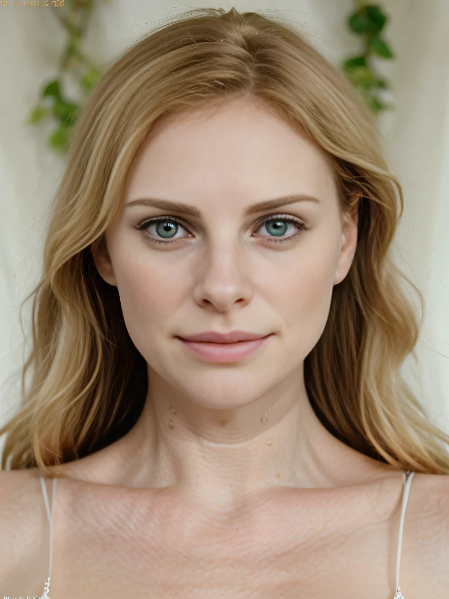 ((Photo)), (detailed), closeup, portrait d'une jeune femme de 25 ans , with pale skin,blonde, 33% Charlize Theron, 33% Julia Roberts , 33% Clara Morgane, natural soft pale skin, pale, cheveux blond , , green eyes