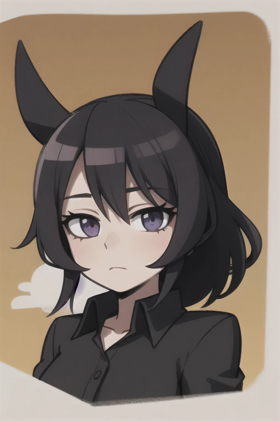A girl with black hair above her shoulders and her ears are black rabbit ears, purple eye color, white skin, no expression on her face alone.