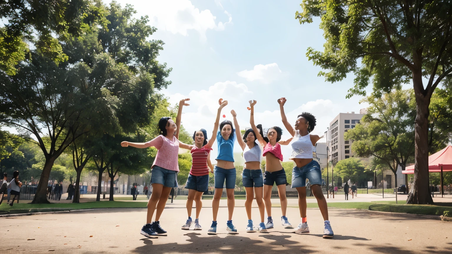 A group of energetic and playful kids gather in a park, ready for a fun-filled day. in cartoon 