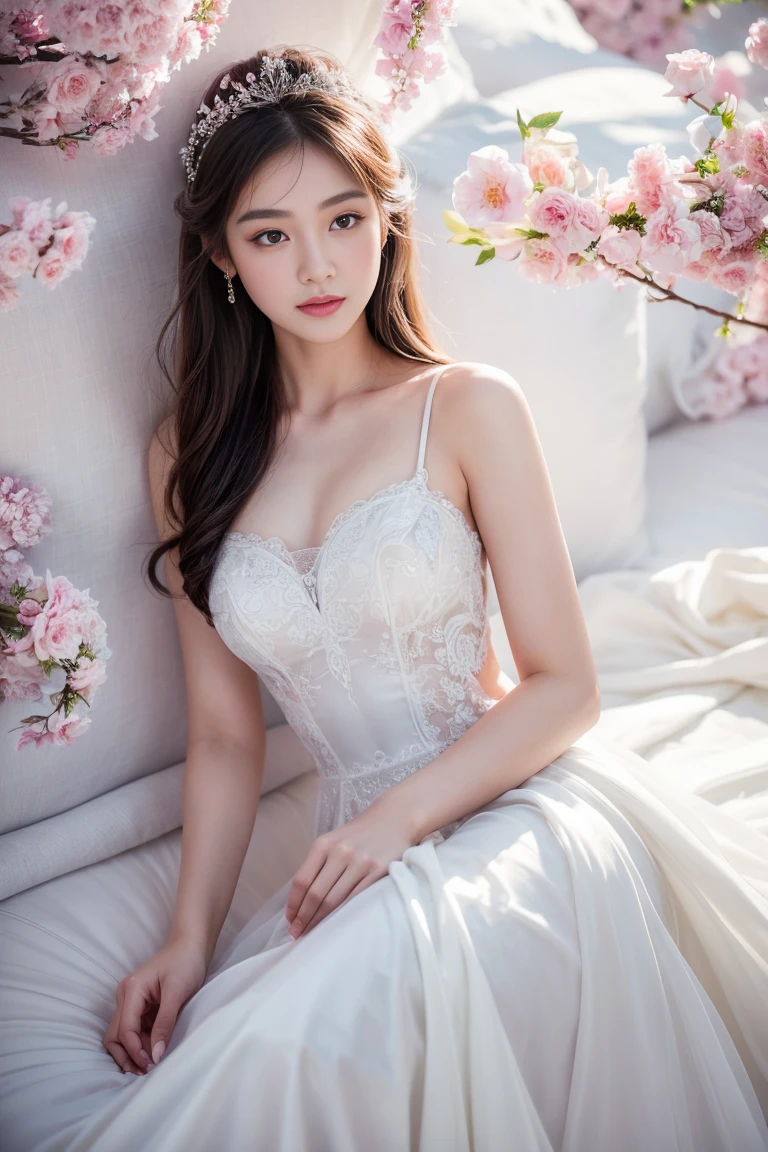(best quality,high resolution,ultra-detailed),1 girl,asian girl,white wedding dress,(Between the petals),fantasy style,soft light,detailed,dreamy colors,elegant posture